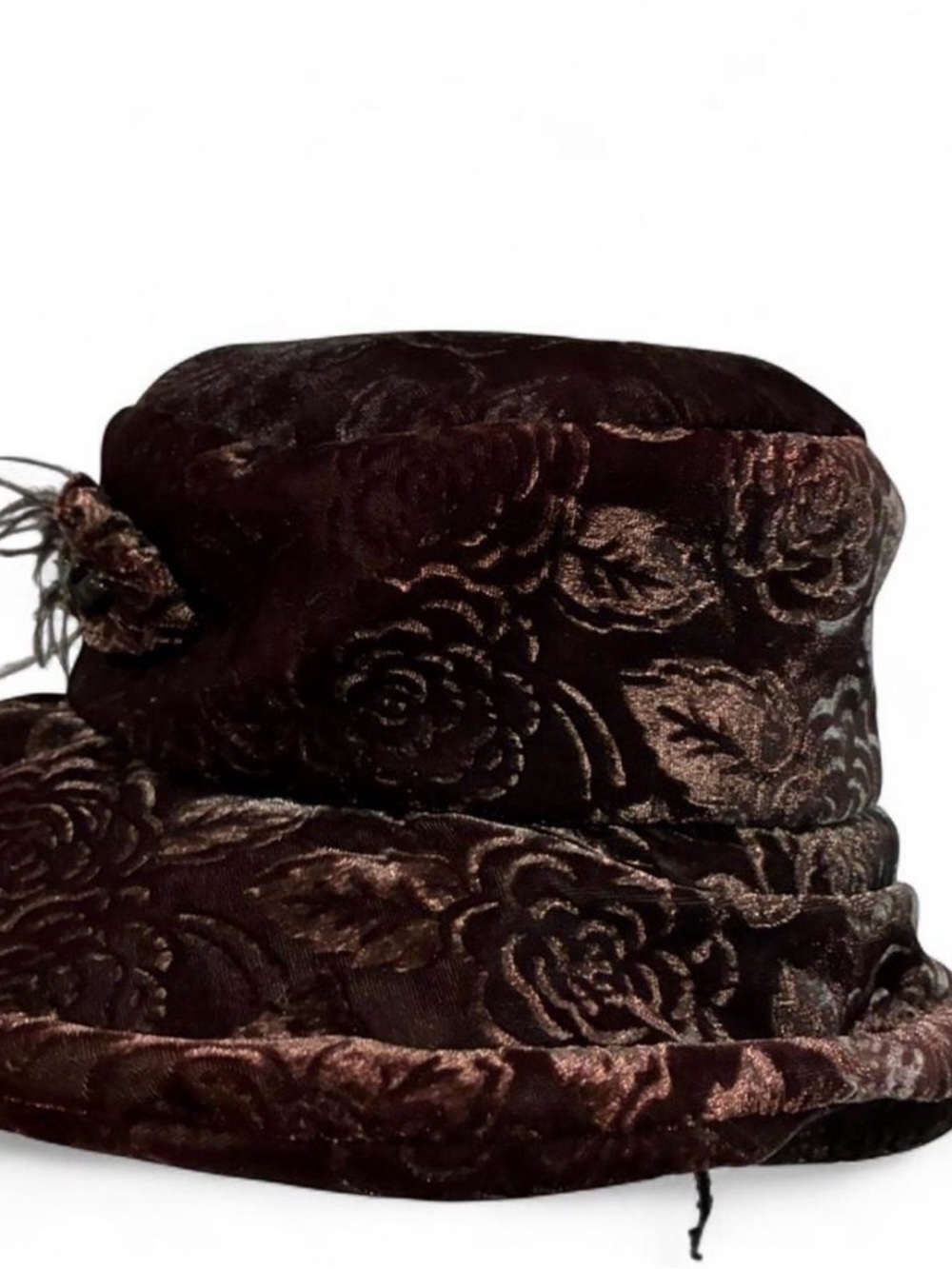 Vintage-Style Brown Velvet Floral Hat with Feather Accent - Picture 5 of 9